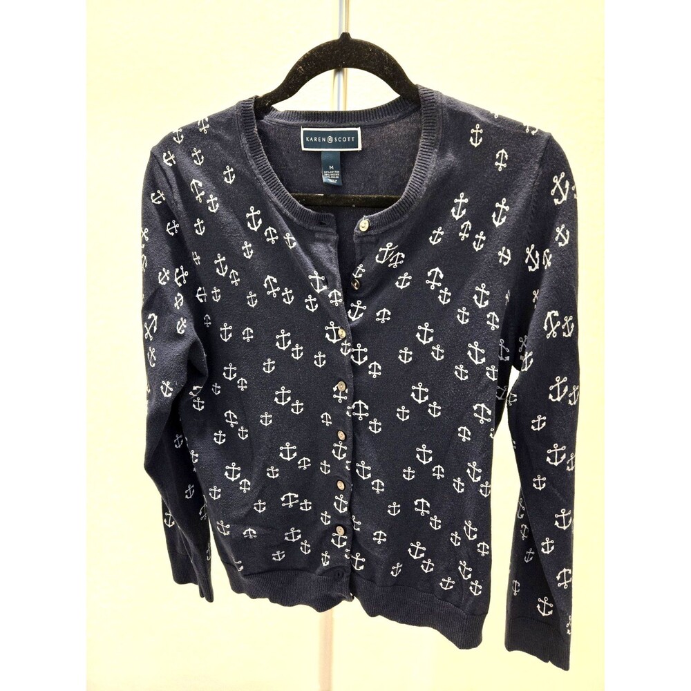 Karen Scott Women Cardigan Sweater Medium Navy Blue Anchor Nautical Button Up